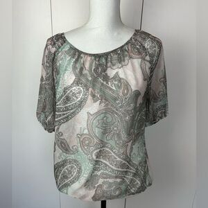 Chico's Boho Paisley Blouse Size 0 Sheer Chiffon Short Sleeve Top Green Brown